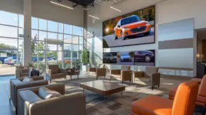 A modern car dealership waiting room with sleek, comfortable seating; a large, wall-mounted TV displaying captivating car advertisements; stylish decor reflecting automotive themes; happy customers engaging with the content.