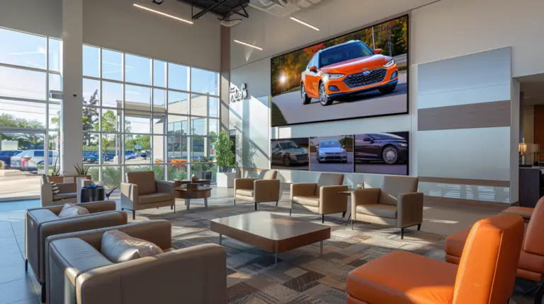 A modern car dealership waiting room with sleek, comfortable seating; a large, wall-mounted TV displaying captivating car advertisements; stylish decor reflecting automotive themes; happy customers engaging with the content.