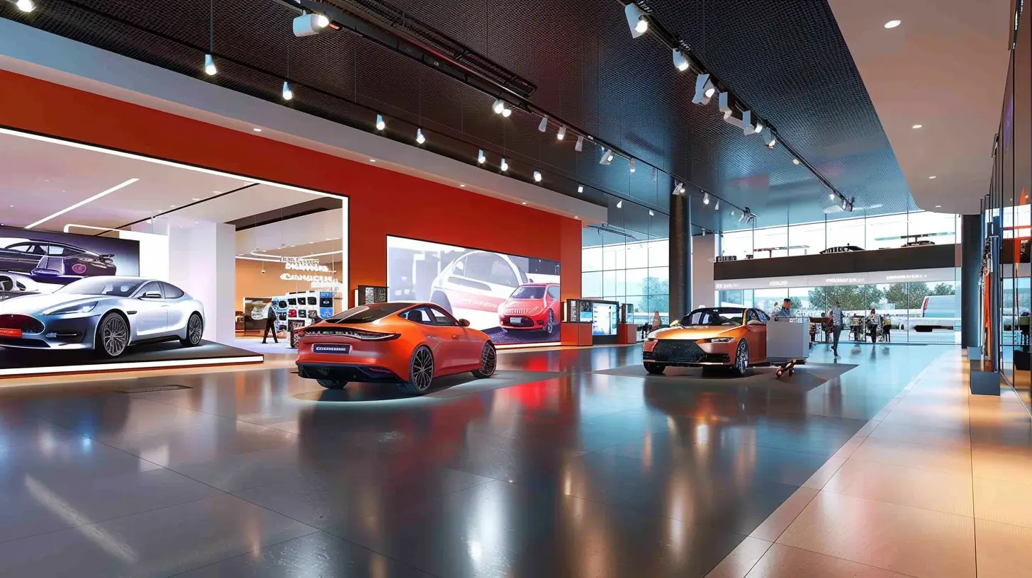 A modern car dealership with sleek digital screens displaying interactive vehicle features, virtual test drives, and special offers; customers engaging with the screens, exploring cars, and asking sales representatives questions.