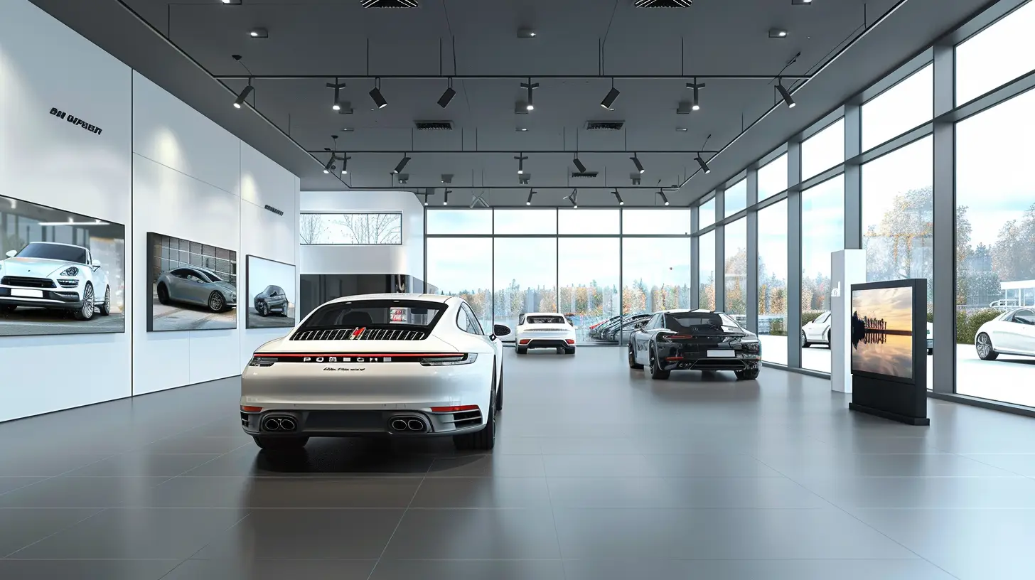  A modern car dealership with sleek digital signage displaying dynamic car models, promotions, and customer testimonials. Bright, high-resolution screens attractively positioned around the showroom, enhancing the customer experience and engagement.