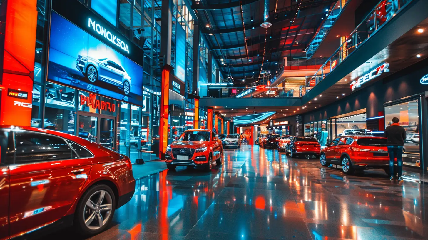 A modern car dealership with sleek, digital signs displaying vibrant, dynamic car advertisements and promotions, colorful lights reflecting off polished vehicles, and customers interacting enthusiastically with the displays in a lively, energetic atmosphere.