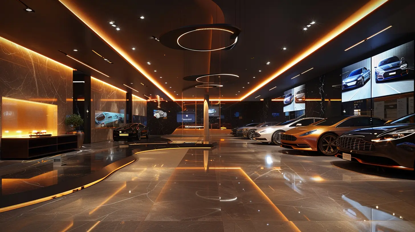  A sleek auto showroom with vibrant digital signs showcasing luxury cars, dynamic animations highlighting special offers, and an elegant, modern sales environment bathed in ambient lighting.