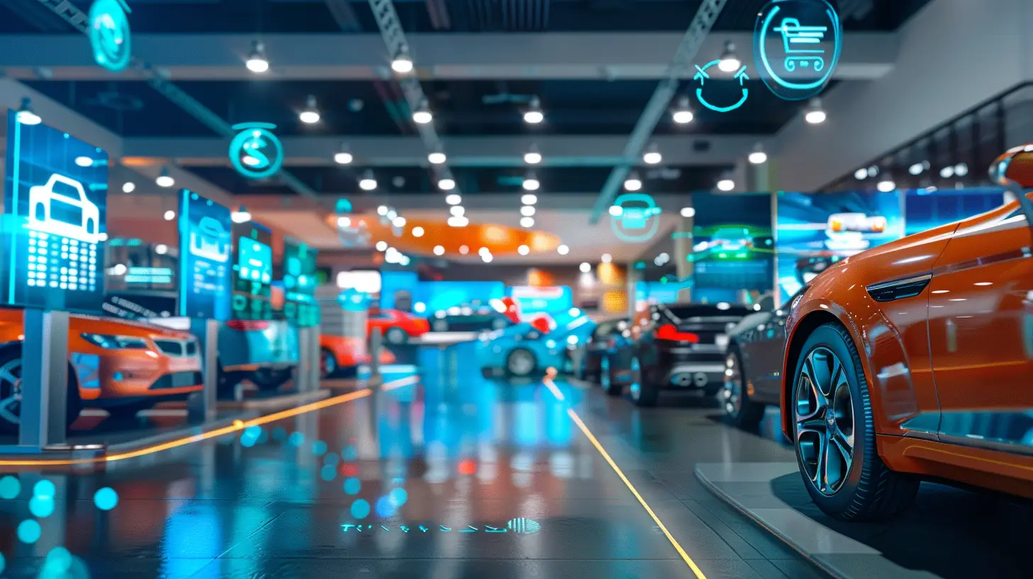  A sleek car dealership service drive with vibrant digital signs displaying colorful icons and graphics of special offers and discounts, surrounded by modern cars and a bright, welcoming atmosphere.