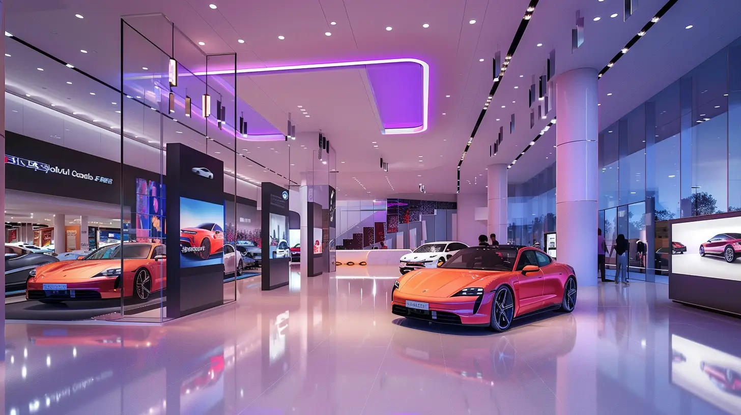  A sleek car dealership showroom with modern digital signage displays showcasing rotating images and videos of cars, interactive touchscreens for vehicle information, vibrant lighting, and customers engaged in exploring the latest car models.