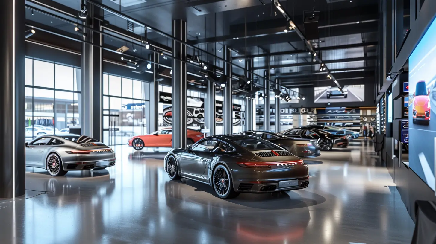 A sleek car dealership showroom with vibrant digital signs, showcasing interactive touchscreens for vehicle customization. Customers engaging with the screens, customizing car colors, interiors, and features against a backdrop of modern, stylish vehicles.