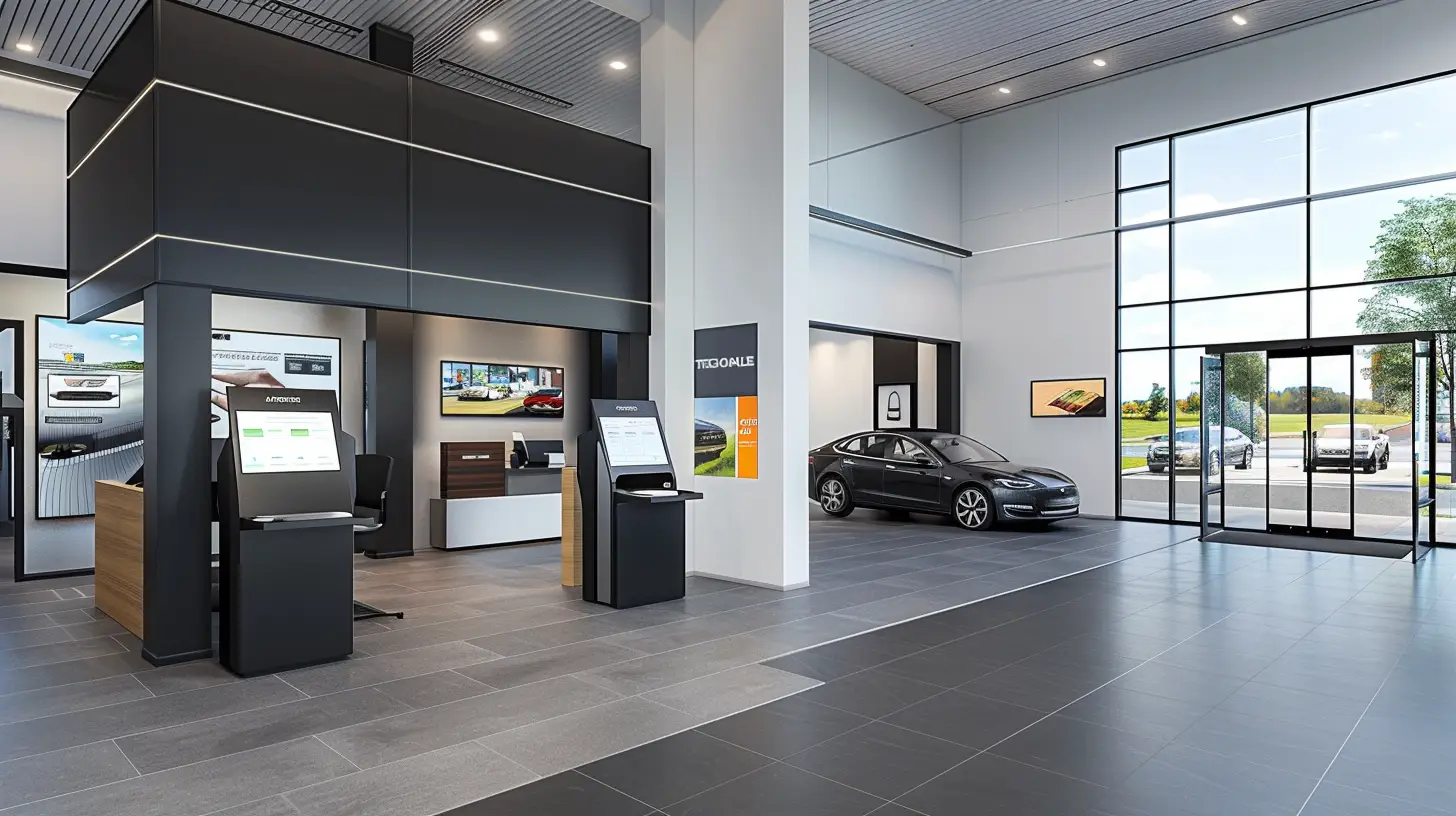  A sleek car dealership with a modern digital kiosk displaying service menu options, surrounded by tech-savvy staff, interactive screens, and a seamless integration of technology, emphasizing efficient customer service and streamlined operations.