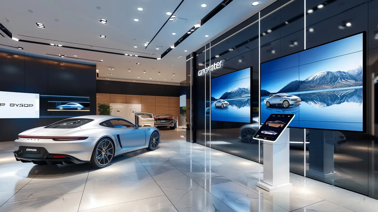 A sleek car showroom with large LED screens displaying dynamic car advertisements, interactive touchscreens with vehicle information, and a digital kiosk with a rotating car model, all surrounded by modern, elegant decor.