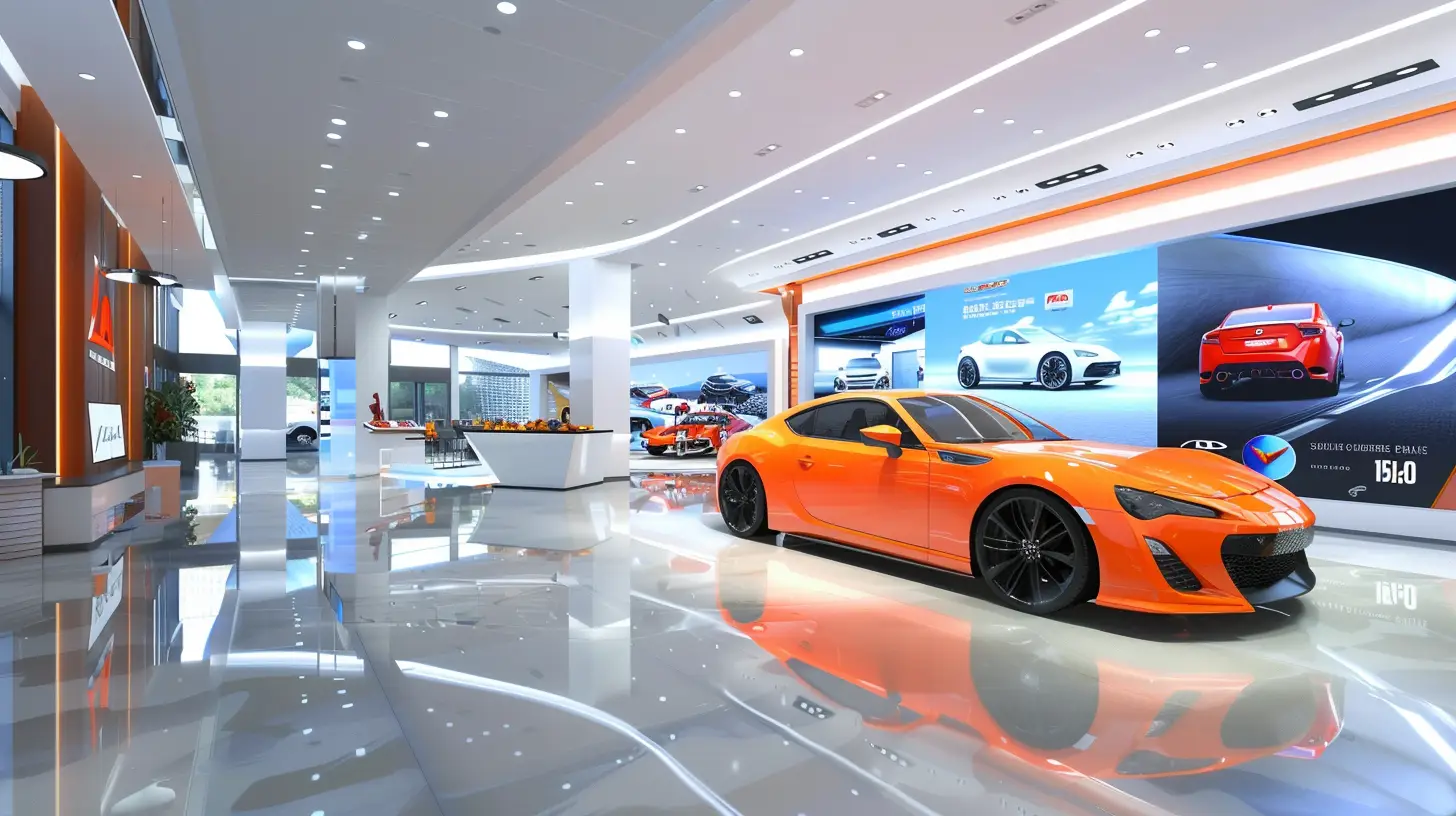  A sleek car showroom with vibrant digital screens displaying dynamic car models, rotating promotions, and interactive features, set against a modern dealership backdrop with a clean, professional ambiance.