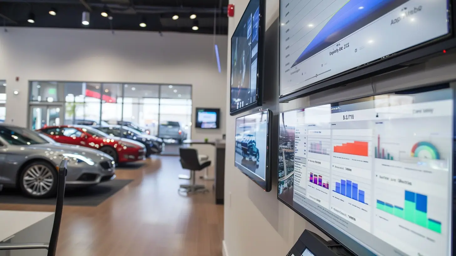 A sleek dealership showroom with modern digital signage displays, showing vibrant graphs and charts. Screens highlight real-time customer engagement data and analytics, with a sophisticated, high-tech ambiance.