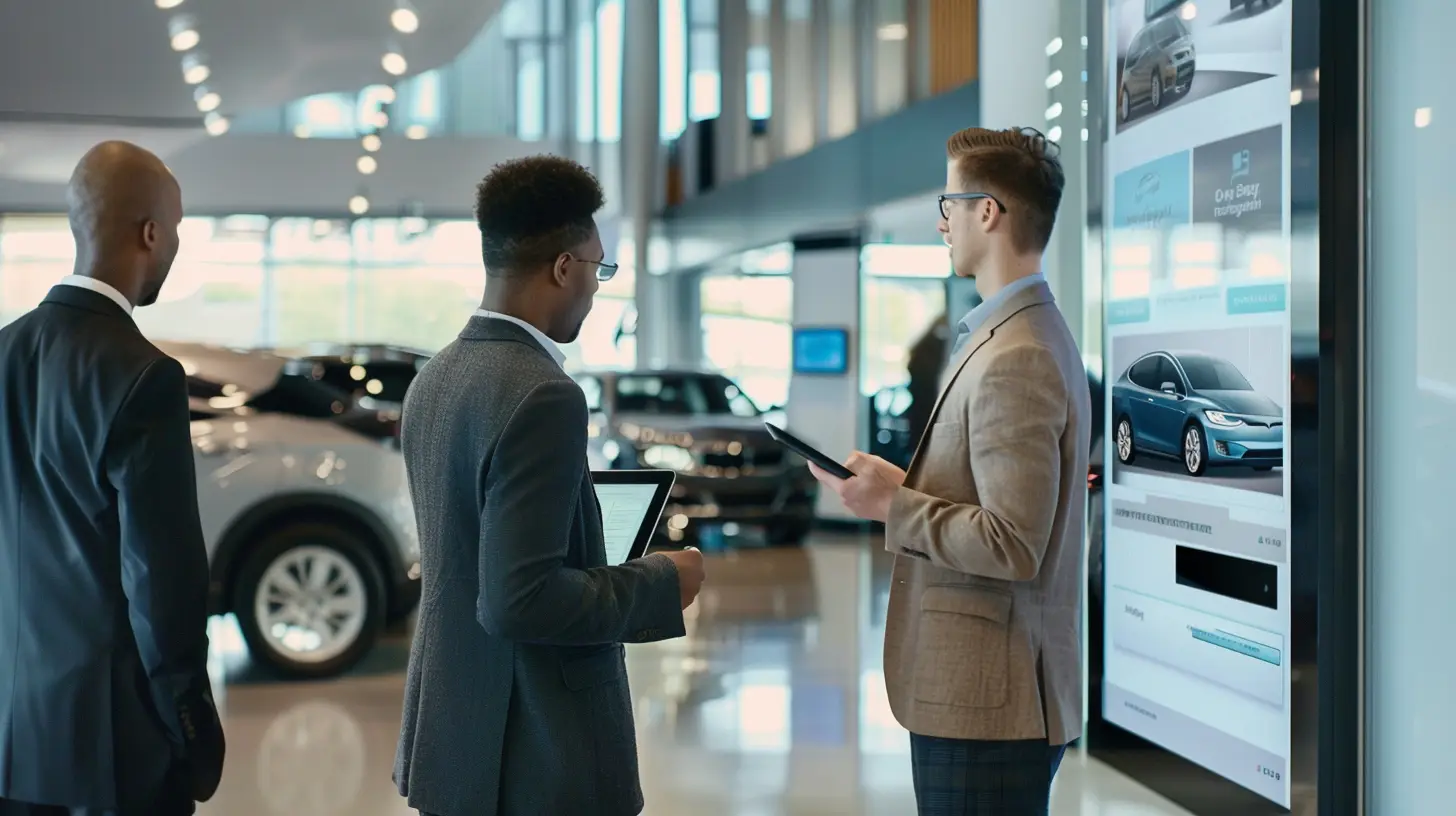  A sleek digital menu display in a modern car dealership, showcasing interactive car models, service options, and customer reviews, with customers engaging happily and staff assisting through tablets.