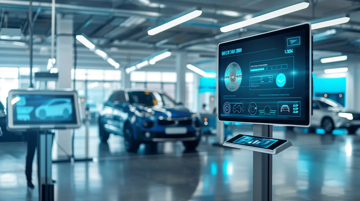 A sleek digital sign in a modern car service drive, seamlessly connected to a tablet and a computer, displaying synchronized information. Background includes cars being serviced, technicians using tablets, and integrated systems.