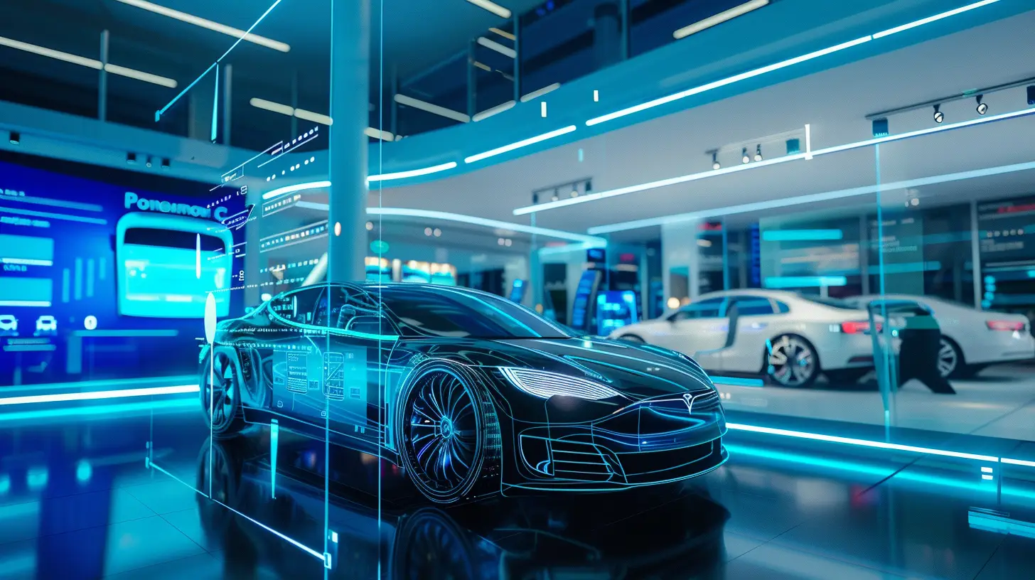  A sleek digital touchscreen menu in a futuristic car dealership, holographic interface displaying car services, AI-driven recommendations, automated scheduling, modern electric cars in the background, and tech-savvy customers interacting seamlessly