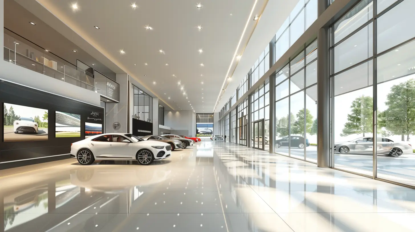  A sleek, modern auto showroom with digital signs displaying dynamic car advertisements. Targeted messaging highlights features for different customer demographics. Bright, clean space with a mix of luxury and family vehicles showcased.