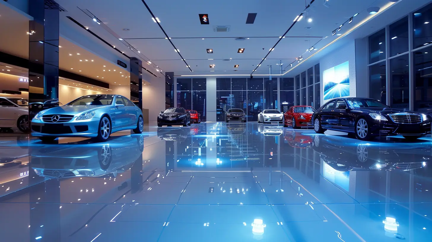  A sleek, modern auto showroom with digital signs displaying vibrant car images and videos, seamlessly integrated into the contemporary design, enhancing the ambiance with dynamic lighting and reflections on polished floors.