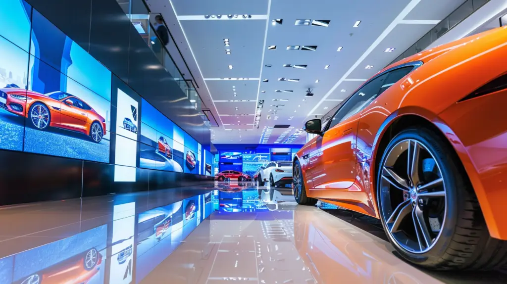 A sleek, modern auto showroom with digital signs displaying rotating car models, features, and prices. Bright, dynamic screens contrast with polished cars on the floor, creating an engaging and high-tech atmosphere.