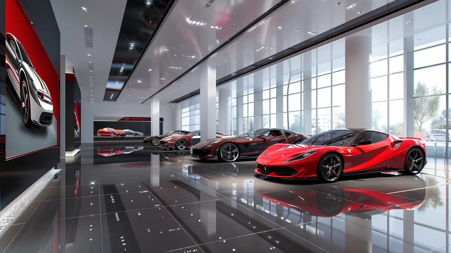 A sleek, modern auto showroom with high-definition digital signs displaying rotating car models, vibrant colors, and dynamic animations, capturing attention and highlighting features of each vehicle.