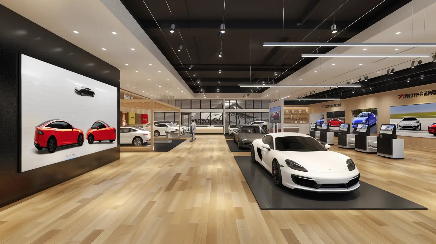 A sleek, modern car dealership showroom with digital signage displaying interactive car models, allowing customers to customize colors and features; touchscreens showing 360-degree views and augmented reality test drives.