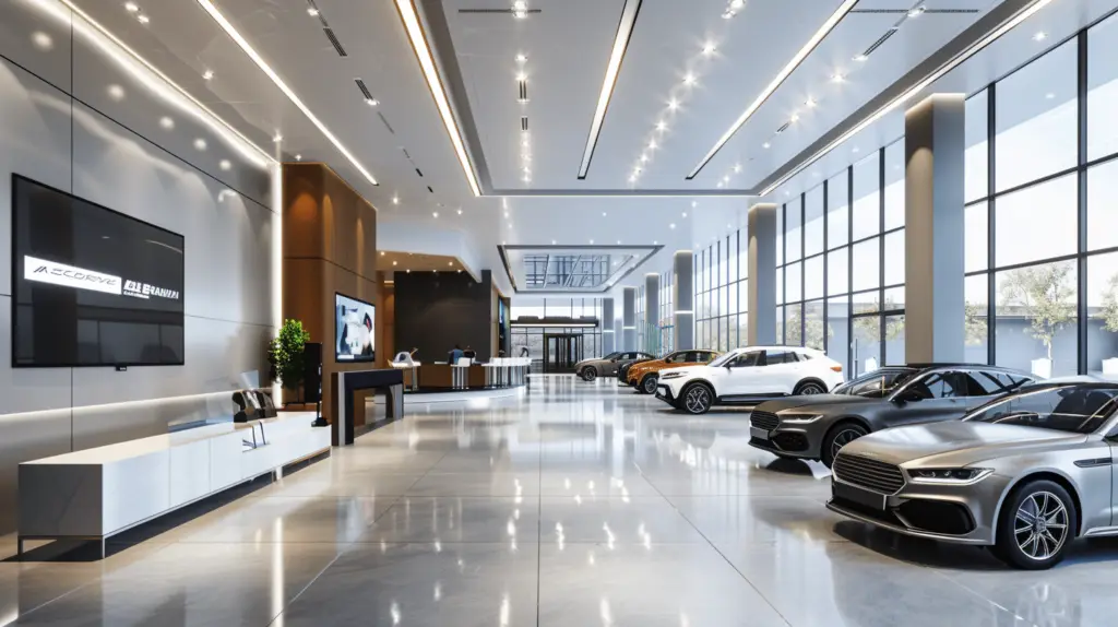 A sleek, modern car dealership showroom with digital signage displaying car models, promotions, and interactive features. Bright, vibrant screens seamlessly integrated with the contemporary interior, reflecting the latest automotive technology and innovation.