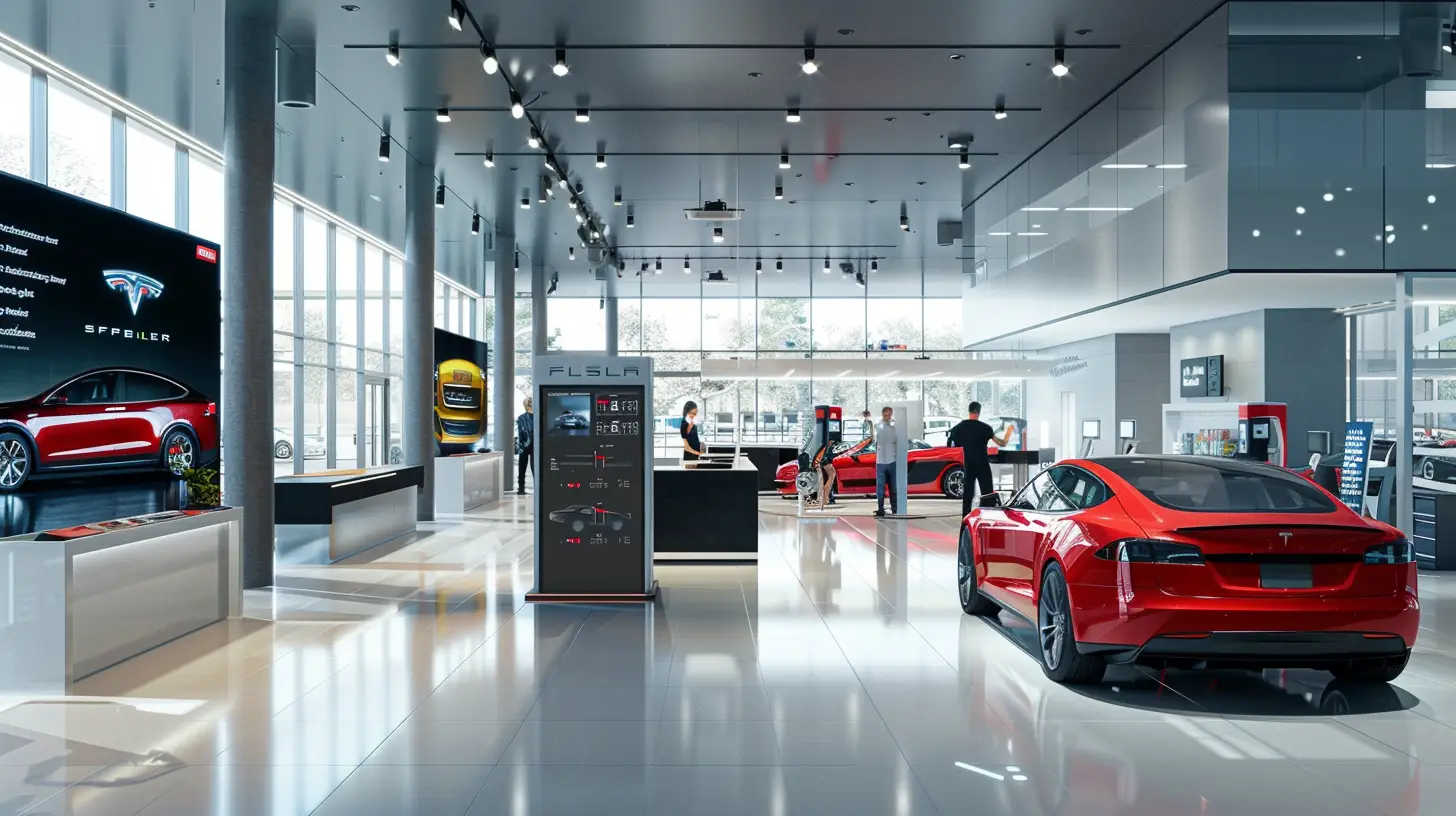  A sleek, modern car dealership with digital service status boards showing real-time updates, happy customers engaging with staff, vibrant cars in the background, and a welcoming, tech-savvy atmosphere.
