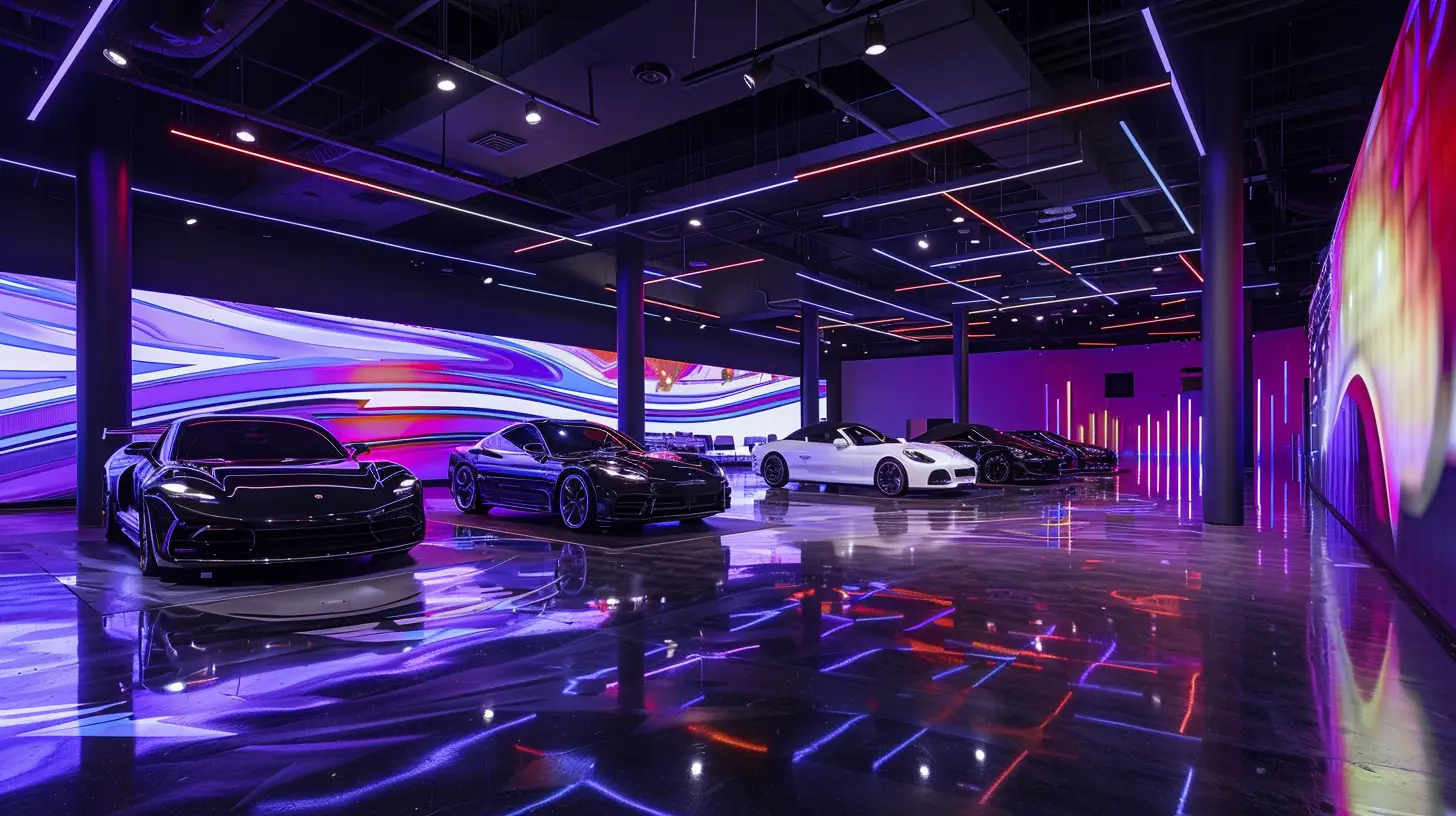  A sleek, modern car showroom with luxurious vehicles, illuminated by vibrant, dynamic digital signs in bold colors and patterns, reflecting on polished floors; a captivating, high-tech ambiance reminiscent of a Las Vegas spectacle.