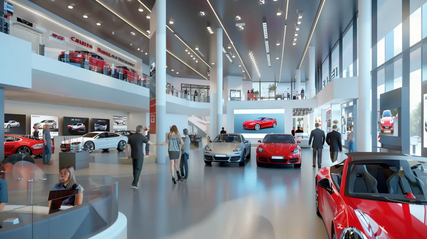 A vibrant, modern car dealership showroom with digital screens displaying dynamic car models, customer testimonials, and sales statistics, surrounded by happy customers and enthusiastic salespeople.