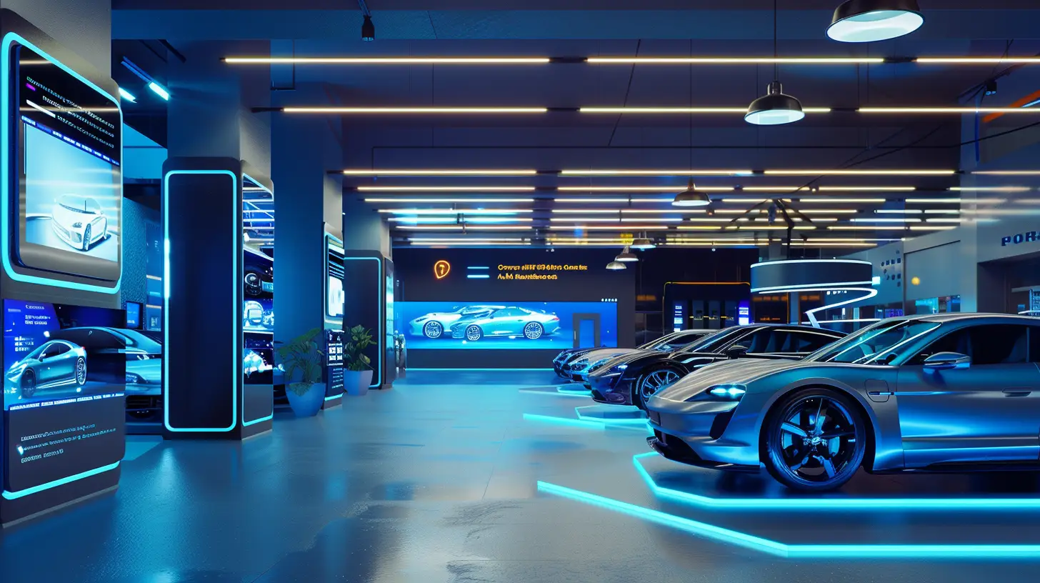  Create a sleek auto showroom scene featuring dynamic digital signs displaying real-time pricing updates, surrounded by modern cars under bright showroom lights, emphasizing high-tech integration and dynamic pricing information.