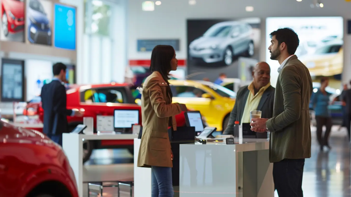 Create a vibrant car dealership showroom with dynamic digital signs showcasing targeted vehicle promotions, personalized offers, and customer testimonials, all surrounded by diverse customers engaged and interacting with the displays.