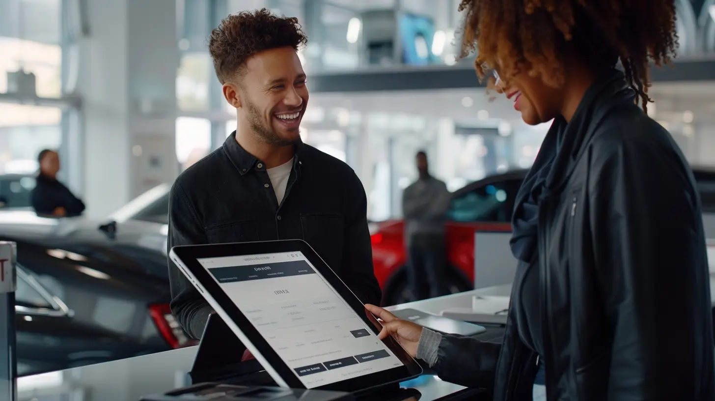  Create an image featuring a sleek digital service menu on a tablet, placed on a car dealership counter, with a salesperson interacting with a happy customer, showcasing modern cars in the background.