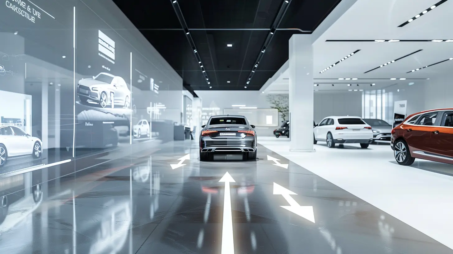  Create an image of a sleek, modern auto showroom with digital signs guiding customers effortlessly through the space, highlighting different car models and features, with arrows and interactive displays enhancing navigation and engagement.