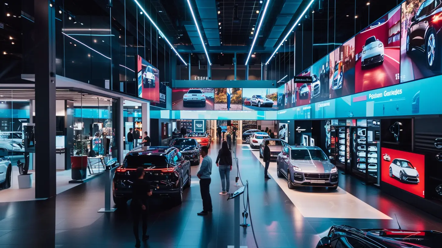  Create an image of vibrant digital signs displaying dynamic vehicle advertisements in a sleek car dealership, highlighting a variety of cars and promotional content, with customers engaging and salespeople assisting.