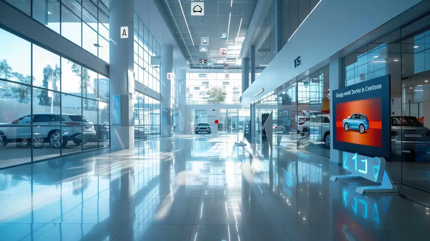  Digital sign in a modern car dealership, with arrows and icons guiding customers through sleek, well-lit pathways to different sections like New Cars, Used Cars, and Service Center. Clean, contemporary design and bright colors.