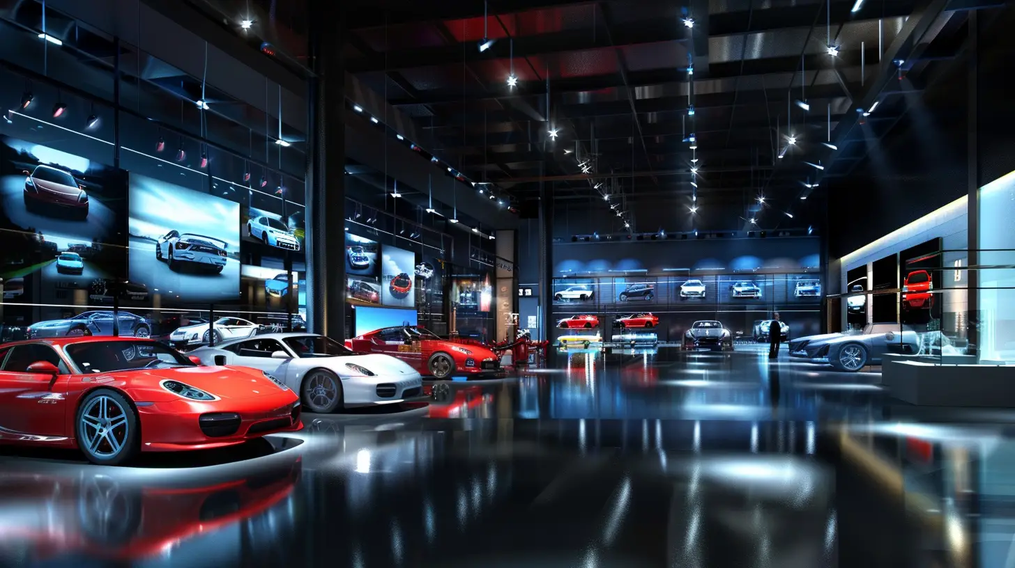  Digital signs illuminating a modern car showroom, vibrant screens showcasing sleek vehicle images, dynamic lighting enhancing the elegant ambiance, customers browsing with excitement, reflections of cars in polished floors.