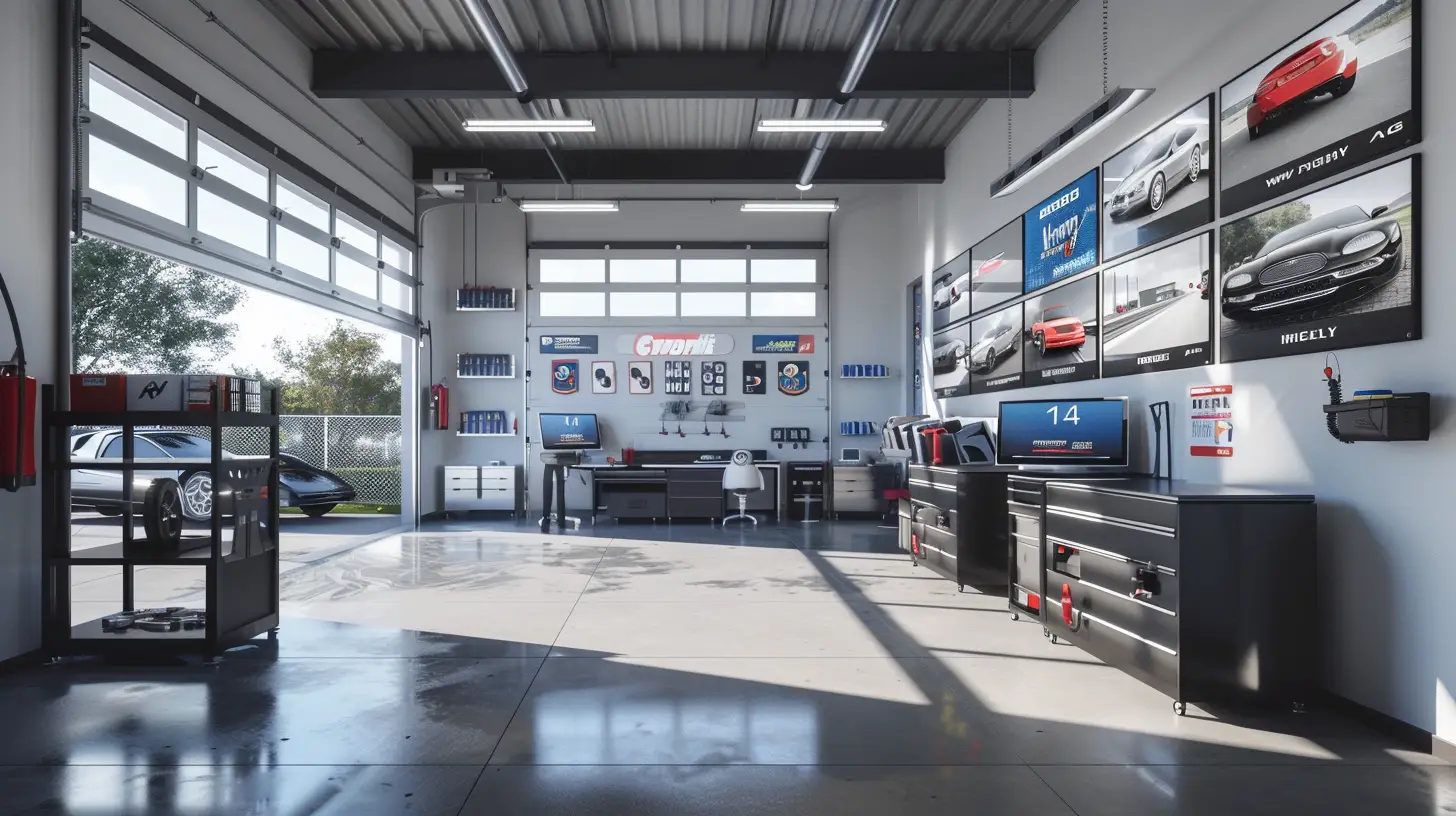  Show a bright, modern auto shop with sleek digital screens displaying car maintenance tips, promotions, and service schedules. Screens are strategically placed at the entrance, waiting area, and service bays.