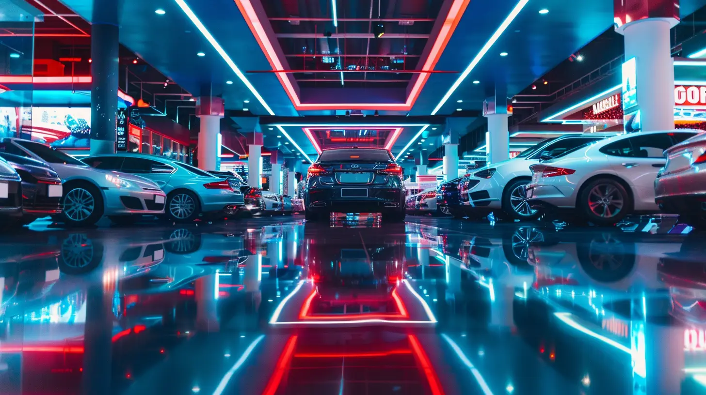 Vibrant car dealership showroom with dazzling digital signs, showcasing sleek, shiny latest car models under bright, colorful lights. Sparkling reflections on the polished floor and an energetic Vegas-like atmosphere.