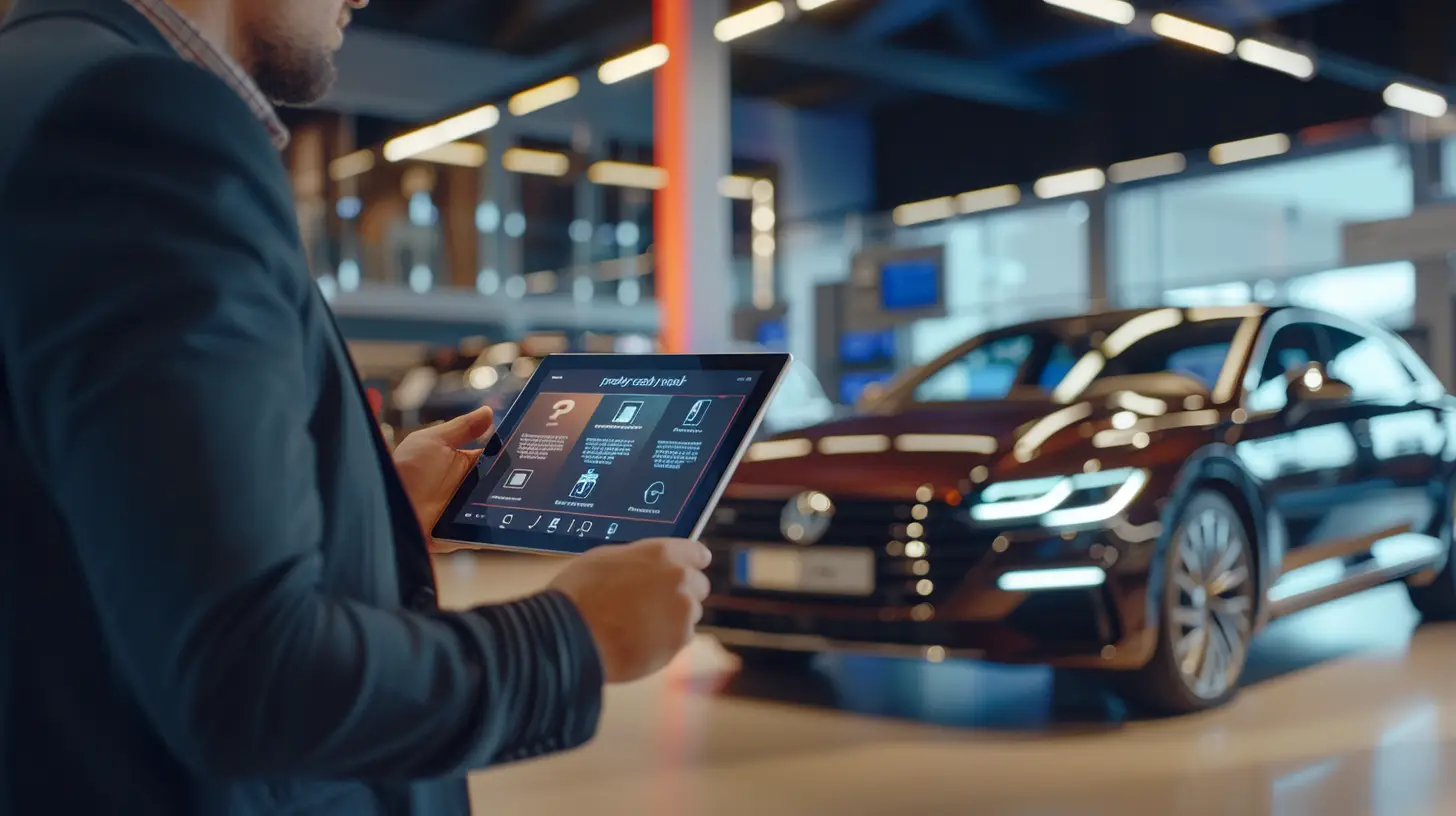 A sleek digital interface on a tablet in a modern car dealership, showcasing vibrant icons for various car services, with a salesperson demonstrating its use to a customer beside a shiny, well-lit car.