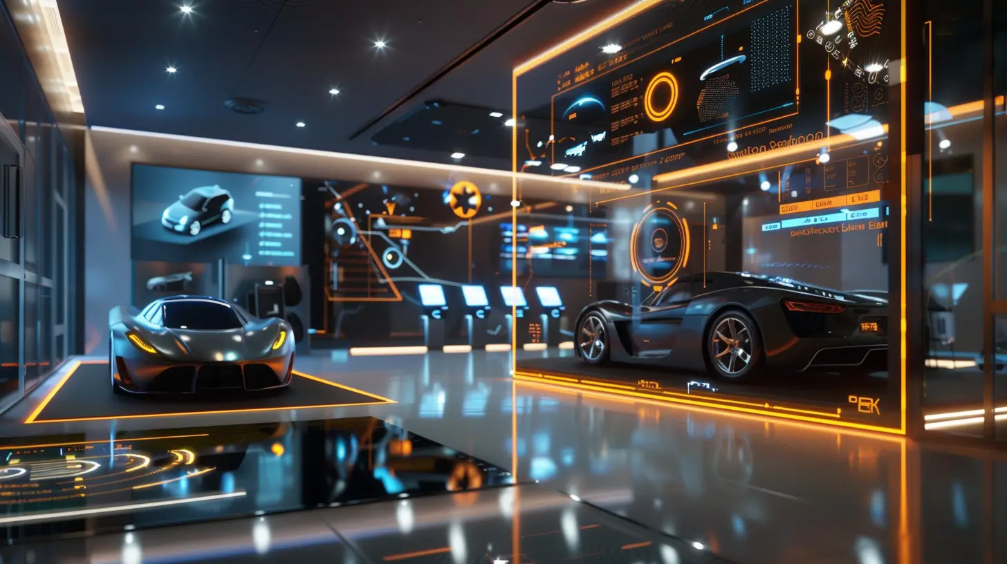 A sleek digital interface showcasing a car dealer's service menu, with vibrant, interactive icons for various services, modern touch-screen kiosks in a stylish showroom, and a high-tech ambiance with vivid, dynamic