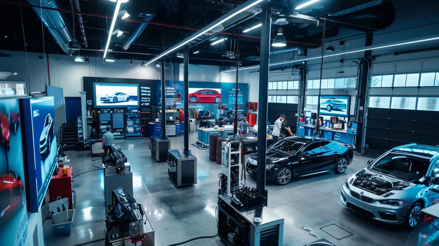  A bustling auto shop with high-tech digital screens displaying vibrant car service promotions, interactive appointment scheduling, and real-time service updates. Customers engage with touchscreen kiosks, while mechanics work efficiently in the background.