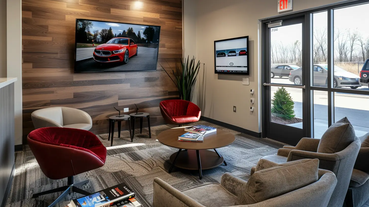 A cozy auto shop customer lounge featuring a sleek, modern TV mounted on the wall, comfortable seating with plush chairs, a coffee table with magazines, warm ambient lighting, and large windows with natural light streaming in.