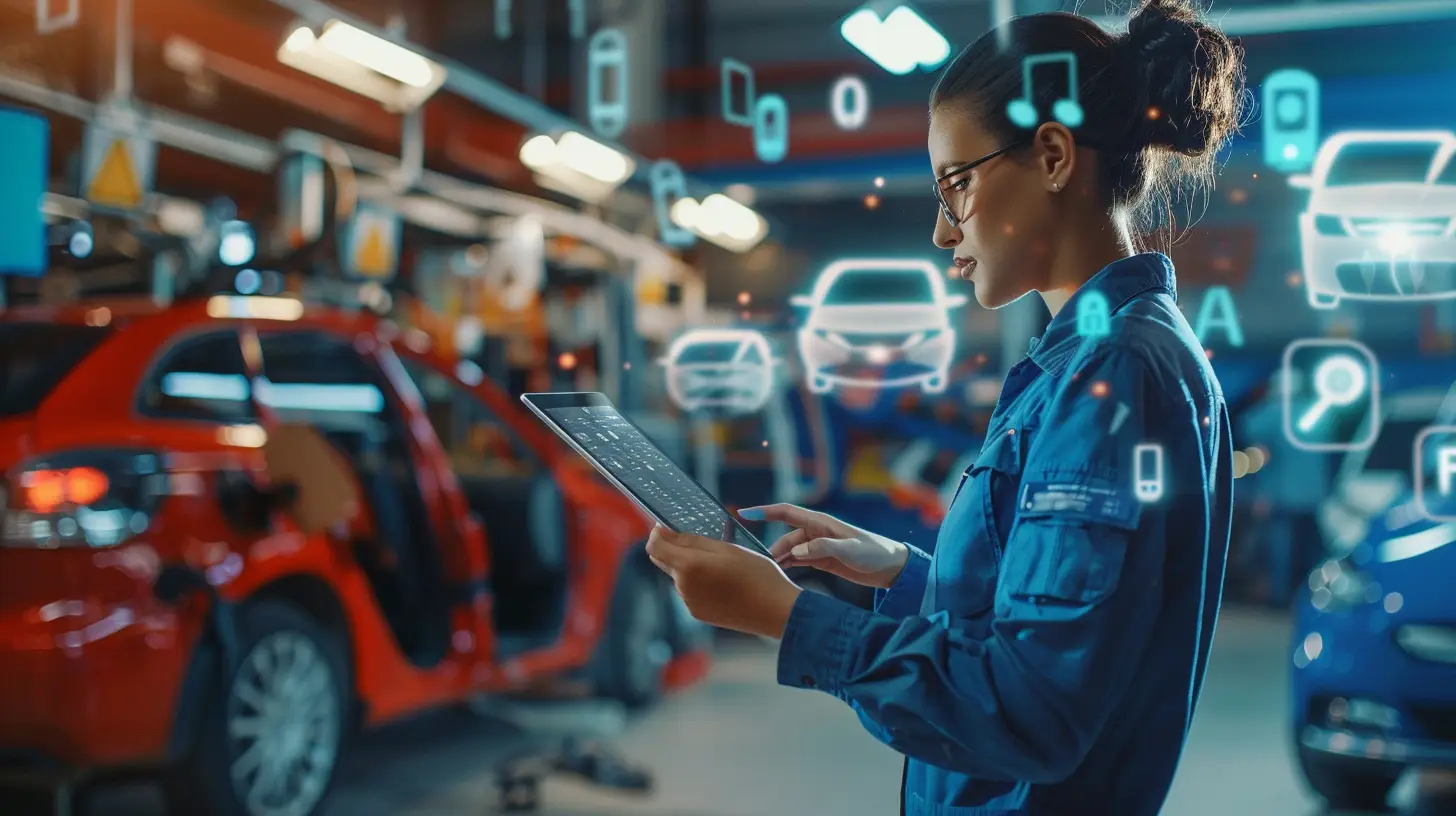 A modern auto shop with a sleek digital service menu on a tablet, customers engaging with the display, loyalty cards and rewards icons floating around, showing satisfaction and engagement.
