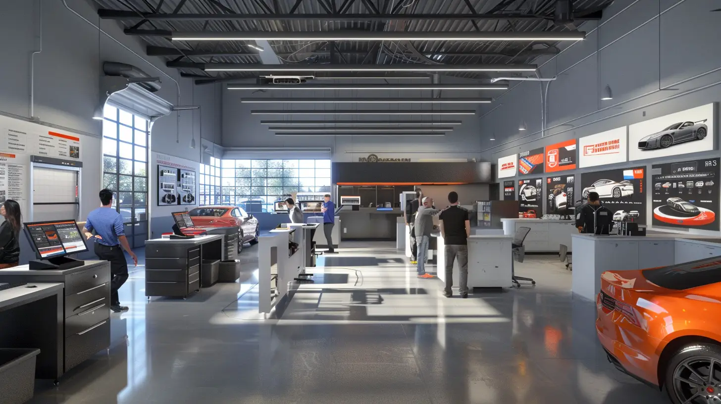  A modern auto shop with sleek digital service menus on high-resolution screens, customers interacting with touchscreens, vibrant interface design, contemporary decor, mechanics using tablets, and an engaged, tech-savvy clientele.