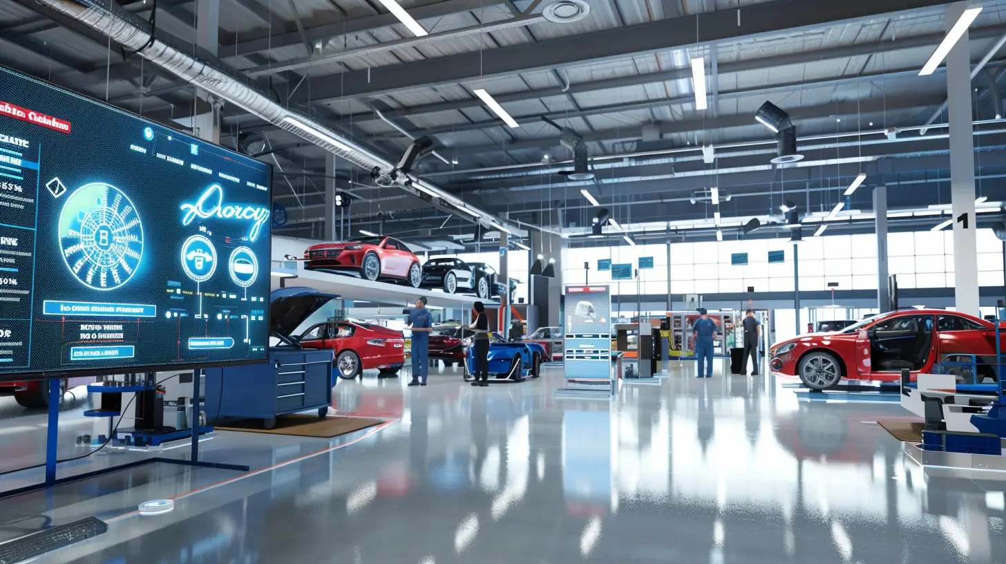  A sleek, modern auto shop interior with a large digital screen displaying a detailed service menu, interactive icons, and educational graphics explaining car maintenance, surrounded by attentive customers and knowledgeable technicians.