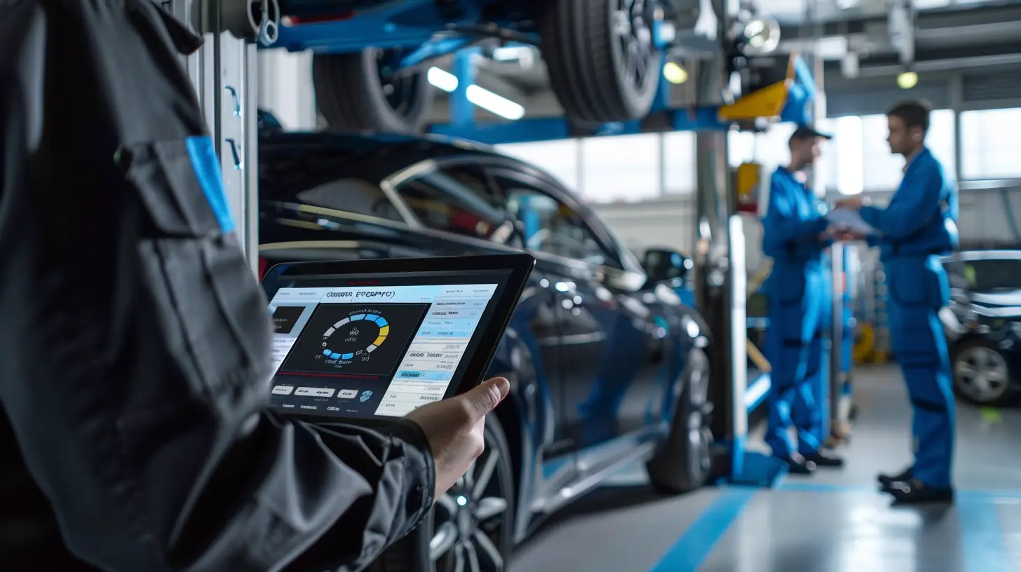  An auto shop featuring sleek digital service menus on tablets; mechanics updating data in real-time; vibrant, dynamic interface with graphs and charts; modern tools and vehicles in a well-organized, clean, and bright environment.