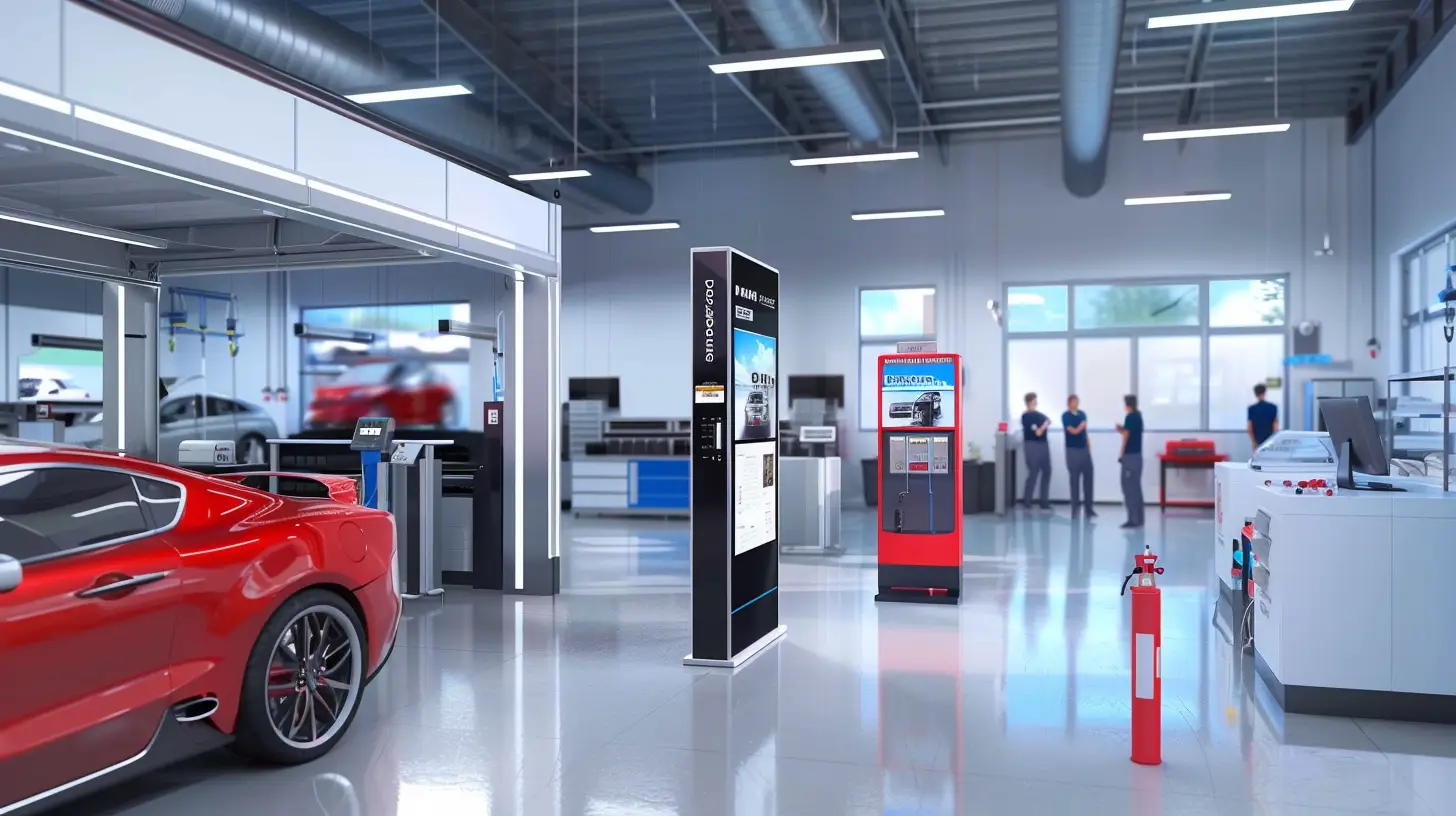  Create an image of a clean, modern auto shop with a sleek digital service menu kiosk. Show satisfied customers interacting with the kiosk, mechanics working efficiently, and a welcoming, well-lit environment that encourages return visits.