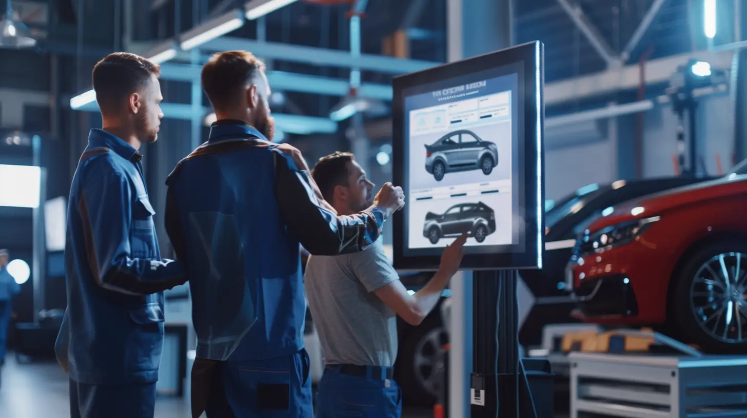  Create an image of a modern auto shop with a sleek digital service menu on a large screen, showing clear service options and prices. Happy customers engaging with the menu, confident and smiling, while mechanics work efficiently nearby.