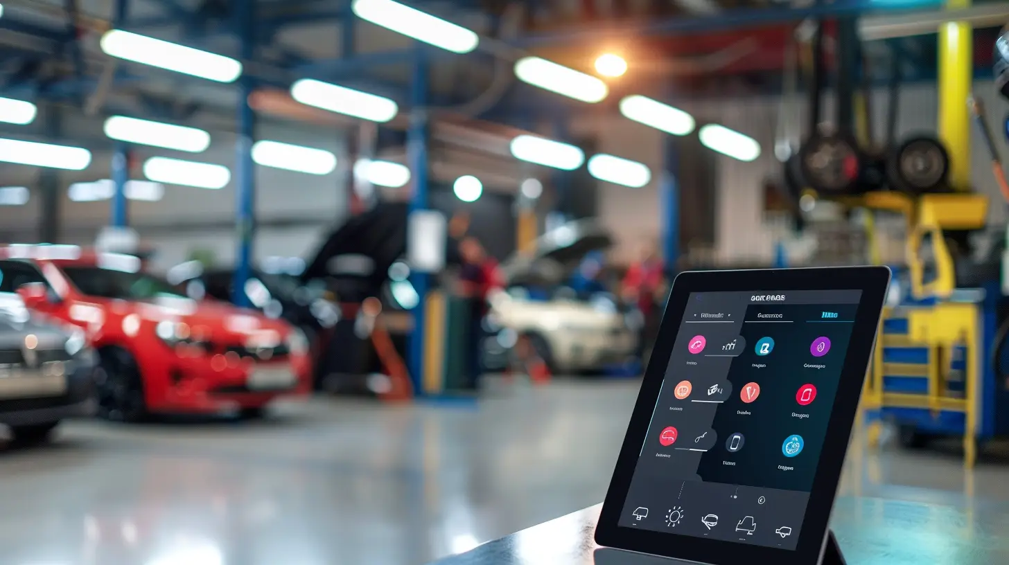  Create an image of a sleek digital tablet displaying an auto shop's service packages, with vibrant icons and clear, organized sections, set against a modern garage backdrop with cars and technicians in the background.