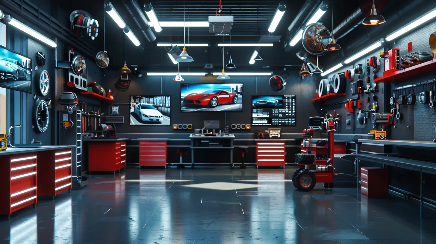  Create an image of a vibrant auto shop with digital signage screens displaying dynamic car repair animations, service promotions, and customer reviews, surrounded by sleek, modern tools and a clean, organized workspace.