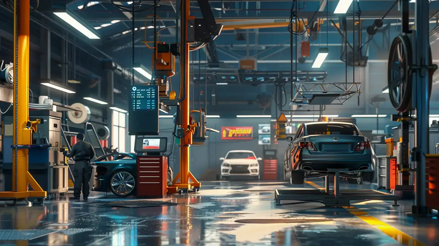 Create an image of an auto shop with a sleek digital service menu, showcasing a modern interface. Include mechanics using tablets, happy customers, and cars on lifts. Emphasize a clean, efficient environment.