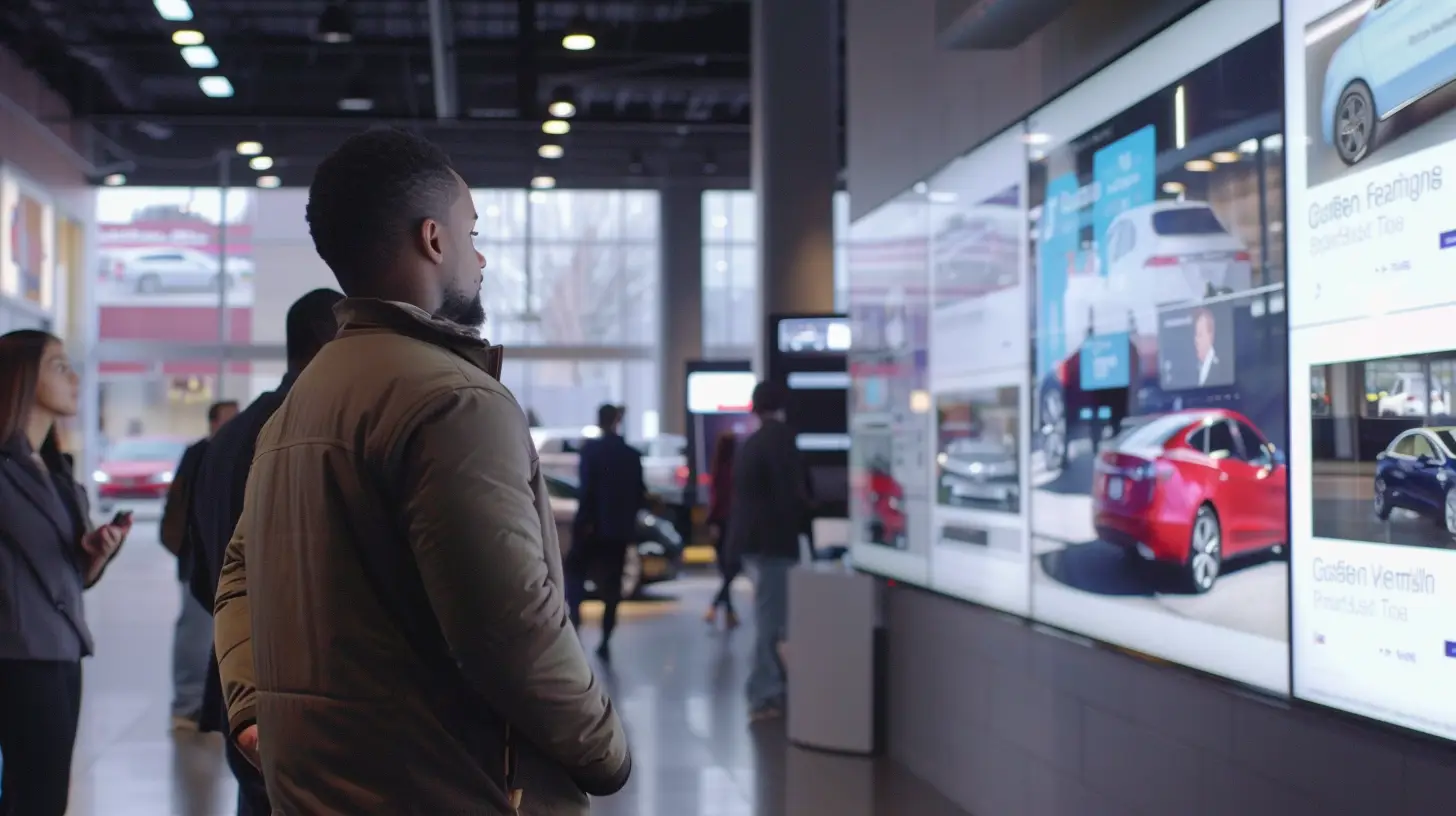  A bustling car dealership showroom, modern digital signage displaying real-time social media feeds with customer testimonials, vehicle images, and dealer updates, creating an engaging and interactive atmosphere.