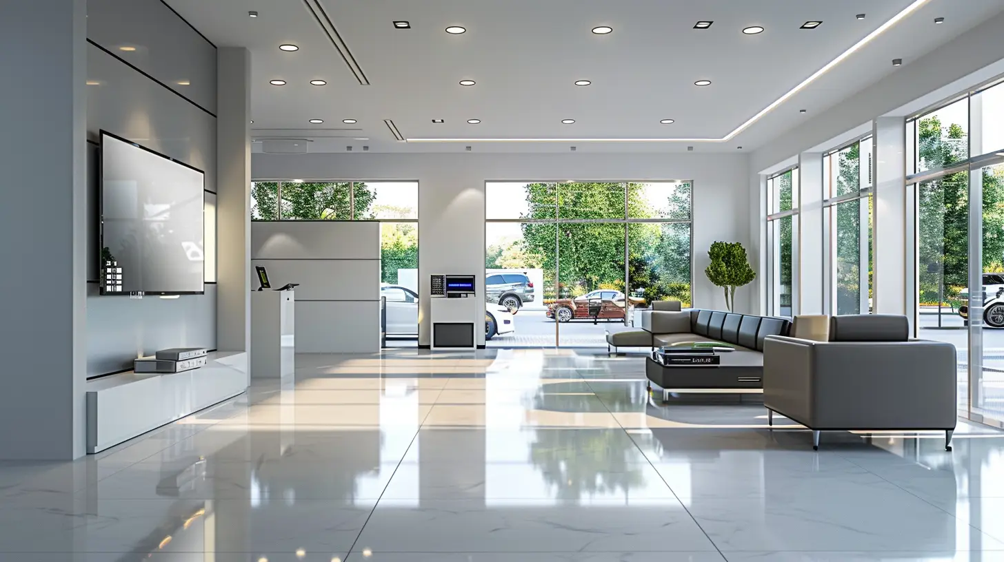  A clean, modern car dealership waiting room with a well-maintained flat-screen TV, technicians cleaning the screen, adjusting settings on a remote, and organizing cables neatly, ensuring a clear and vibrant display for customers.