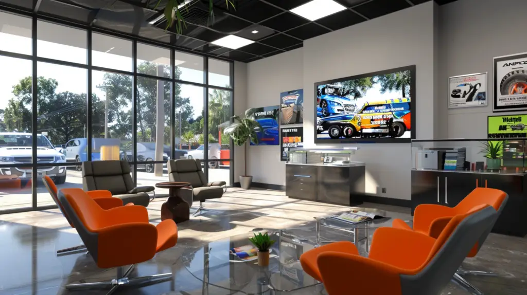 A modern auto shop waiting room with a sleek TV on the wall, displaying vibrant ads, comfortable seating, coffee station, magazines, and a view of the workshop through a glass partition.